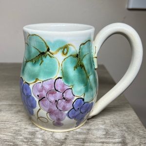 Studio Pottery Signed Judy Goodwin Coffee Mug Grape Vines Oversize Handle 4.5”